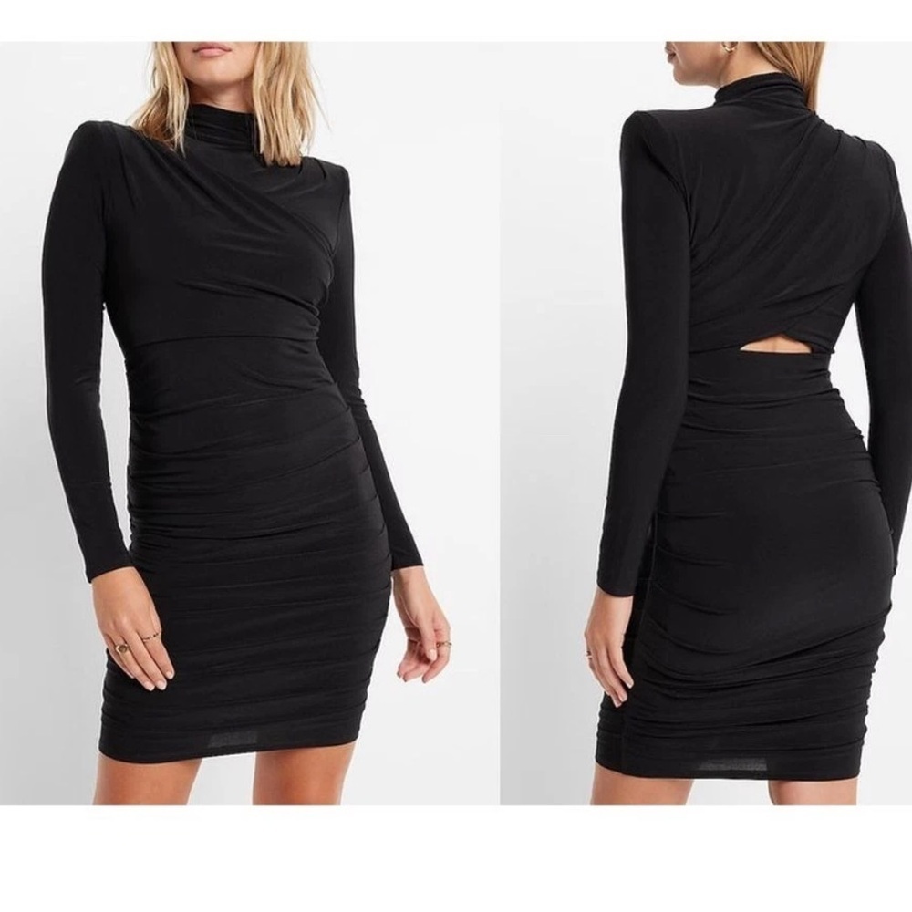 NWT Express Ruched Mock Neck Strong Shoulder Back Cutout Mini Dress Black Sz XL